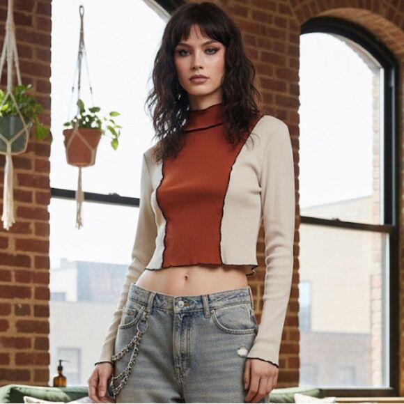Cider Tops - Cider Cropped Ribbed Colorblock Mock Neck Long Sleeve in Cream/Rust/Black | XL